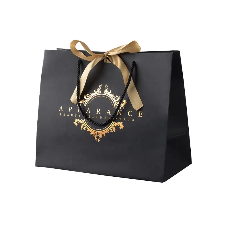 Индивидуальный роскошный черный бумажный мешок с вашим собственным логотипом Одежда Упаковка Сумка Для Покупок Подарок Бумажный Мешок