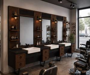 Decorsall Model 85 Luxury 3Person Barber Styling Station Wood Wall <b>Panels</b> Ceramic Sinks Storage Shelves Drawers Salon Furniture - Product Image 1
