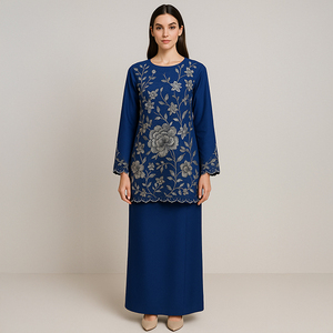 Two-Piece Modest Baju Kurung Set Floral Embroidery Style Handmade and Breathable for <b>Weddings</b> Ramadan and Eid Plus Size - Product Image 5