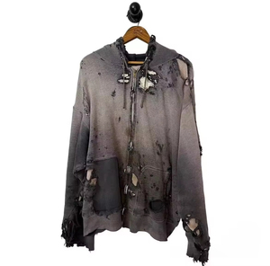 Sudaderas con capucha lavadas con ácido desteñidas por el sol y cremallera personalizadas para hombre, sudaderas con capucha desgastadas rasgadas de estilo Vintage interior de tela Waffle - Product Image 2