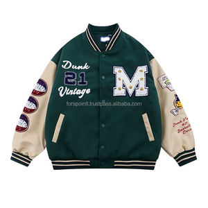 Chaqueta universitaria para hombre Logotipo personalizado Puños acanalados Dobladillo Escote Bolsillo lateral Uniforme de béisbol Mangas de cuero - Product Image 2