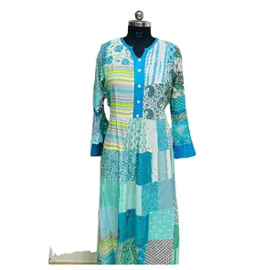 Лоскутное платье макси для женщин, индийское длинное платье ручной работы из мягкого и удобного лоскутного шитья, платье из вискозы с длинным рукавом и зонтиком