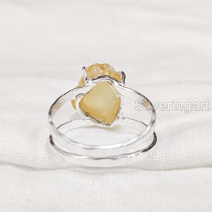 Bijoux en pierre brute Bague pour femme Citrine brute naturelle Pierre précieuse Novembre Pierre de naissance martelée 2 bandes Fête Bague en argent sterling 925 - Product Image 5