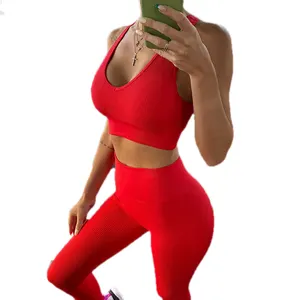 Custom Logo 2023 Yoga Outfit Jumpsuit Push Up Sports Bra Tops Leggings 2 Piece Set Women Shorts Set Ribbed Fitness Two Piece