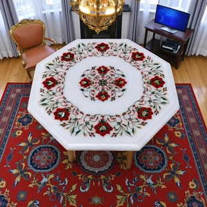 Table basse octogonale en marbre faite à la main avec incrustation florale de pierres semi-précieuses – Décoration moderne pour mobilier - Product Image 1
