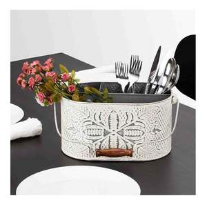Caddy décoratif en métal avec motif floral en blanc fini avec compartiments séparés pour ustensiles de cuisine best-seller - Product Image 3