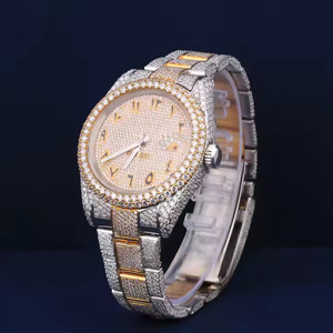 Montre en acier inoxydable bicolore de luxe de haute qualité, sertie de diamants en moissanite, verre en cristal résistant à l'eau, style arabe glacé - Product Image 1