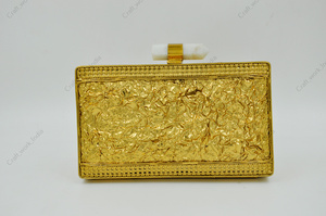 Gold Metal <b>Clutch</b> with Diagonal Textured Pattern Shell Inlay Crystal <b>Pearl</b> Accents Luxury Handcrafted Designer Bag Evening - Product Image 4