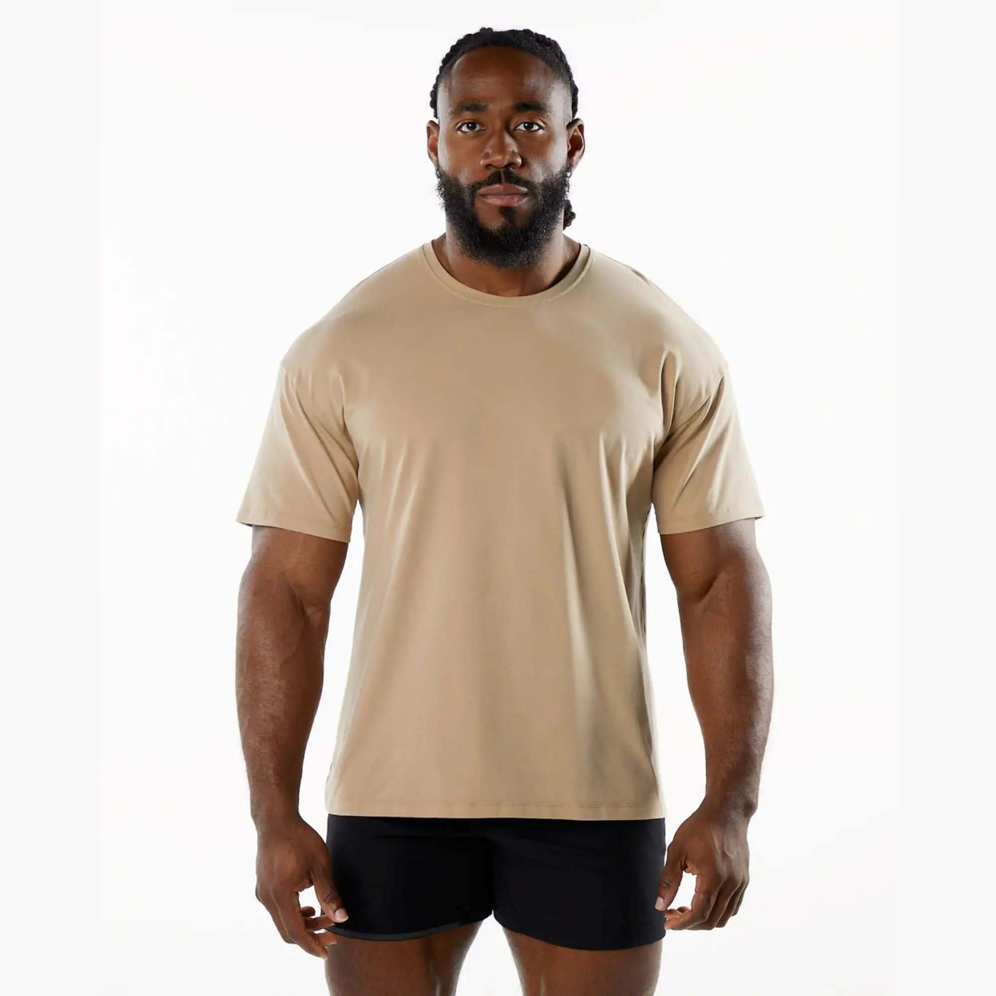 94% Cotton 6% Spandex Signature Performance Fitted Raglan Cut Short Sleeves Crew Neck Taupe Mens Drop Shoulder T-Shirt
