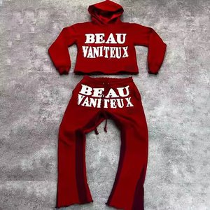 Fabricantes de ropa personalizada Serigrafía Sudadera con capucha con cremallera completa Sudadera con capucha Dos piezas apiladas Pantalones de chándal acampanados SetWomenTracksuits - Product Image 3