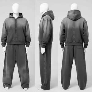 Chándal informal personalizado de tejido grueso, corto, con efecto desgastado por el sol, con cordón, elástico en cuatro direcciones, anti-UV, con pedrería, estilo urbano, holgado - Product Image 1