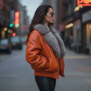 Veste de motard en cuir véritable pour femme, veste bomber d'hiver avec garniture en fourrure, coupe-vent, vêtements de rue - Product Image 2