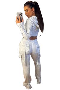 Custom Logo 2-Piece Women's Winter Cargo <b>Joggers</b> <b>Crop</b> Top Set Oversize Hoodie Tracksuit with Hood Latest Sweat Set - Product Image 2