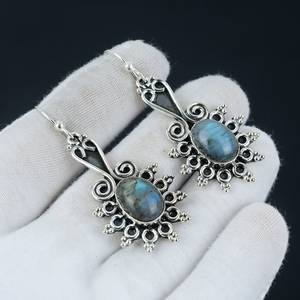 Pendientes de Labradorita Azul Natural, Ovalados, Plata de Ley 925, Chapados en Oro, Bonitos, para Mujer, Regalo de Aniversario - Product Image 6