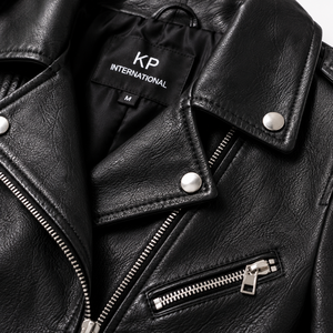 Veste de motard en similicuir noir pour femme, manches longues, fermeture éclair, col montant, coupe classique - Product Image 4