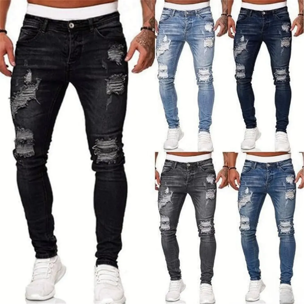 2024 vente chaude extensible hommes en détresse lavé Denim jean pantalon Logo personnalisé Durable polyvalent quantité minimale de commande à faible coût fabriqué au Bangladesh