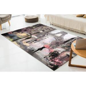 Cityscape Wool Rug with Patchwork Design <b>Woman</b> and Eiffel Painting <b>Latex</b> Backing Eco-Friendly Soft Pile - Product Image 5