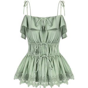 Custom <strong>Elastic</strong> Waist Halter Tank <strong>Tops</strong> for <strong>Ladies</strong> Green Cotton Lace <strong>Hem</strong> Sexy Cross Print Sustainable Fashionable Dance Clothing - Product Image 1