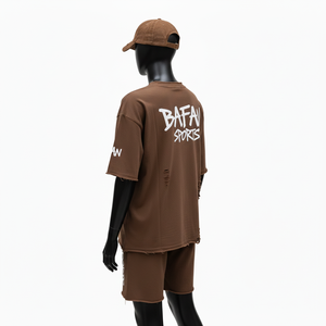 Premium <b>women</b> tshirt and short set breathable fabric <b>brown</b> distressed streetwear screen printed 100% Cotton T Shirt & Shorts Set - Product Image 5