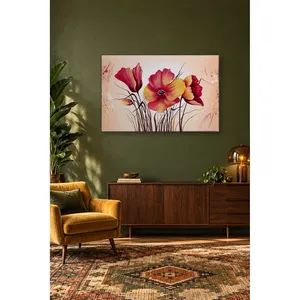 Impression sur toile de coquelicots rouges et jaunes sur fond rose de Fida - Product Image 4