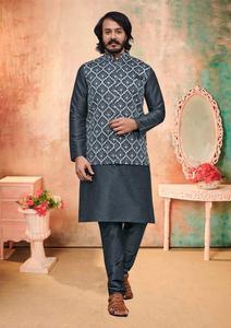 Manyavar Original Designer Soie Embossée Miroir Travail Hommes Classique Indien Pakistanais Vêtements de Mariage Kurta Pyjama Célébrités - Product Image 2