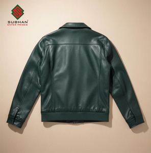 Blouson aviateur en cuir synthétique vert olive, décontracté d'hiver, col mandarin, fermeture éclair, uni - Product Image 2