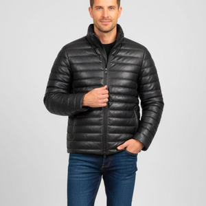 Veste en cuir matelassée à capuche pour homme, manteau en cuir véritable, vêtements d'extérieur d'hiver, personnalisation acceptée sur le devant, imperméable, respirant - Product Image 1