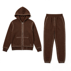 Brown Heavyweight Oversized Tracksuit Women Unisex Zip Hoodie Jogger <b>Pants</b> <b>Plaid</b> Washed Streetwear Winter Casual 100% Cotton - Product Image 1