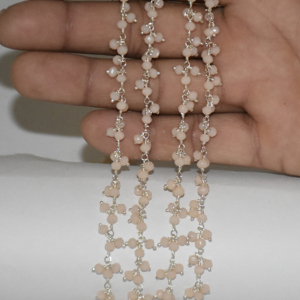 Perles en verre plaqué argent opale rose pêche Rondelle Cluster chaîne chapelet. Chaîne perlée en fil métallique pour fabrication de bracelets et bijoux, découverte - Product Image 1