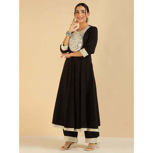 DEEBACO Conjunto coordinado de Kurta Anarkali de algodón sólido con bordado de espejo y Palazzo para mujer, atuendo tradicional para damas - Product Image 3