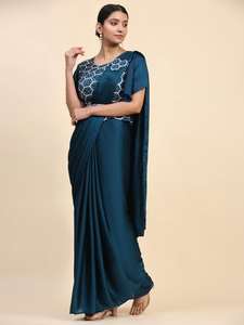 เสื้อส่าหรีผ้าซาตินแท้พร้อมงานปักลายทำงานแฟชั่นสำหรับผู้หญิง - Product Image 3