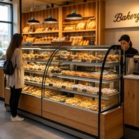 Vitrine de boulangerie en verre courbé sur mesure, en bois, conçue par des experts, directement de l'usine, pour café et pâtisserie - MOQ 1 pièce