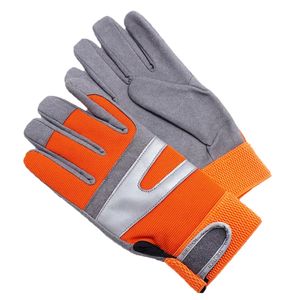 Gants de sécurité haute visibilité HLI personnalisés en cuir/polyester pour mécaniciens, avec fermeture élastique au poignet et doigts entiers - Product Image 1