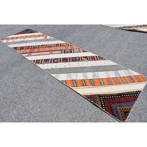 Alfombra Vintage de lana turca, ecléctica, 32x11,8 pies, área de gran tamaño, tejido plano, patrón de retazos, Blanco, Naranja, para sala de estar, látex - Product Image 3