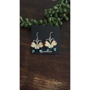 Boucles d'oreilles pendantes Zuni en argent sterling plaqué or, multicolores, avec pierres d'améthyste, grenat, perle et diamant, forme papillon - Product Image 1