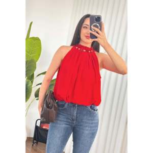เสื้อสีแดงขายส่ง คอประดับลูกปัด ดีไซน์ทรงบอลลูน - สีแดง - Product Image 4