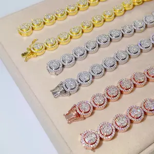 Luxury sterling silver baguette moissanite halo <b>tennis</b> <b>chain</b> tri color plated fashion jewelry in wholesale - Product Image 4