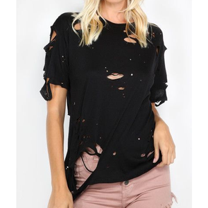 เสื้อยืดมีรูขาดของผู้หญิงทำจากผ้าฝ้ายเนื้อนุ่มโลโก้ตามสั่ง - Product Image 1