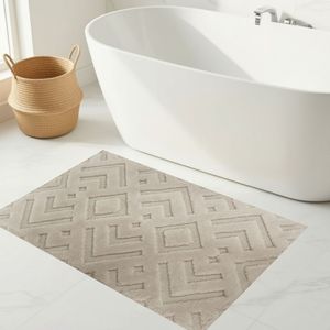 Tapis de bain et de douche jacquard abstrait en fil teint beige 70x120cm, production sur mesure - Fabriqué en Turquie - Product Image 1