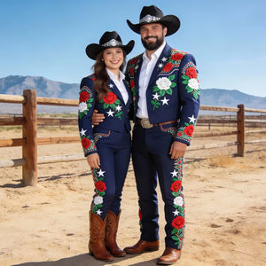 Men & Women <b>Navy</b> <b>Blue</b> Western Embroidered Suit Set Cowboy <b>Blazer</b> & Pants - Product Image 1