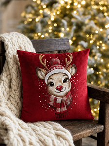 Christmas Reindeer Embroidered Velvet Customizable <b>Throw</b> Pillow Square <b>Red</b> Removable & Washable Novelty Decorative - Product Image 1