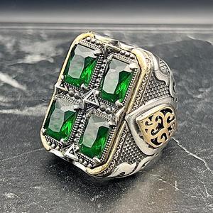 Men's Large Green <b>Ring</b> Unique Gift Statement Sterling Silver Gemstone Jewelry for Him Hip Hop Anniversary Birthday Gift Idea - Product Image 3