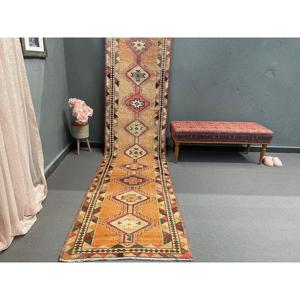 2.9x11.9 ft <b>Runner</b> Vintage <b>Rug</b>, Orange Floral Turkish <b>Rug</b> - Product Image 1