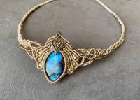 Collier Macramé Vintage Fait Main avec Pendentif Sertie de Labradorite et Pierre de Lune 25MM, Chaîne à Maillons Plaqué Argent, Style Bohème Unisexe pour Mariage