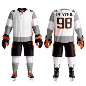 Uniforme de Hockey sobre Hielo Personalizado, Blanco, Gris, Naranja, Negro, Dorado, con Nombre y Número del Jugador Cosidos, Jersey, Pantalones Cortos, Calcetines, Guantes, Equipo Completo, Deportes - Product Image 1