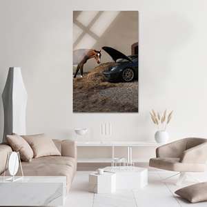 Toile imprimée : Tableau original et amusant de chevaux et de voitures pour la décoration de la ferme, verre rectangulaire - Product Image 1