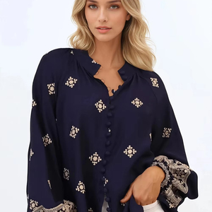 Blusa Bohemia con bordado geométrico de flores inspiradas en Color negro de nuevo diseño Camisa de estilo ucraniano de algodón puro Top - Product Image 1