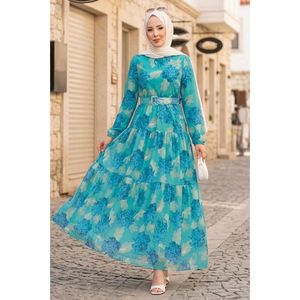 Vestido de Chifón con Cinturón y Estampado Floral Turquesa, Diseño ODM Personalizado, Vestidos Translúcidos de Moda para Ocasiones Diurnas, Naturales - Product Image 1