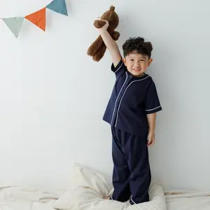 Cotton 100% High Quality Material Homewear For Kid Unisex Boy And Girl Blue Navy White Line Button Easy To Wear Pajamas Pyjama