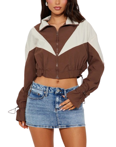 100% poliéster nueva moda cremallera impermeable transpirable mujeres cortavientos señoras chaquetas ropa deportiva Color Block Crop Top chaqueta - Product Image 5